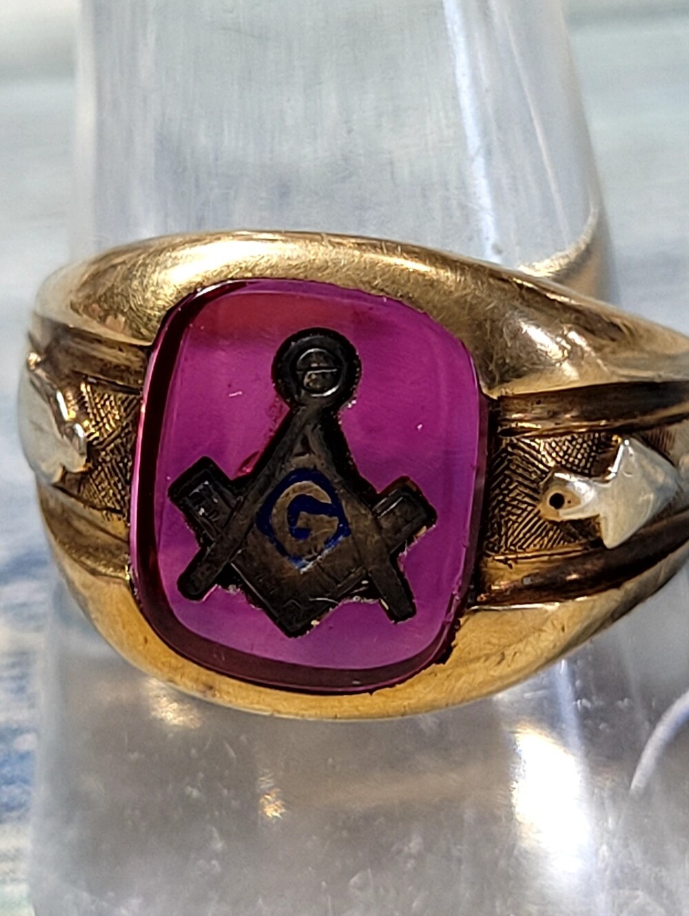 10k Gold Masonic Signet Ring with pink Stone